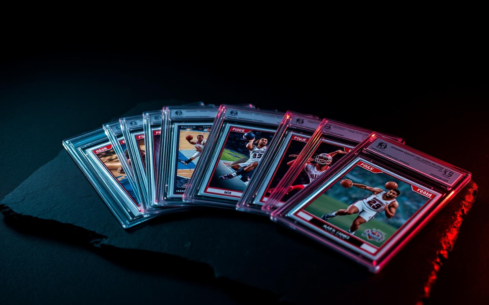 Graded sports trading cards fanned out under red and blue studio lighting